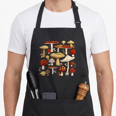 Shroom cottagecore apron - Watercolor cluster of red tan brown mushrooms with small leaves and flowers — shown on a black cotton canvas apron against a white background