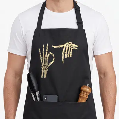 Skeleton alpha apron - Two beige skeleton hands in line art, one OK sign, one pointing gesture — shown on a black cotton canvas apron against a white background
