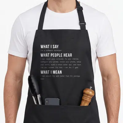 Programming software developer apron - White typography listing what people hear vs what a developer means about tech — shown on a black cotton canvas apron against a white background