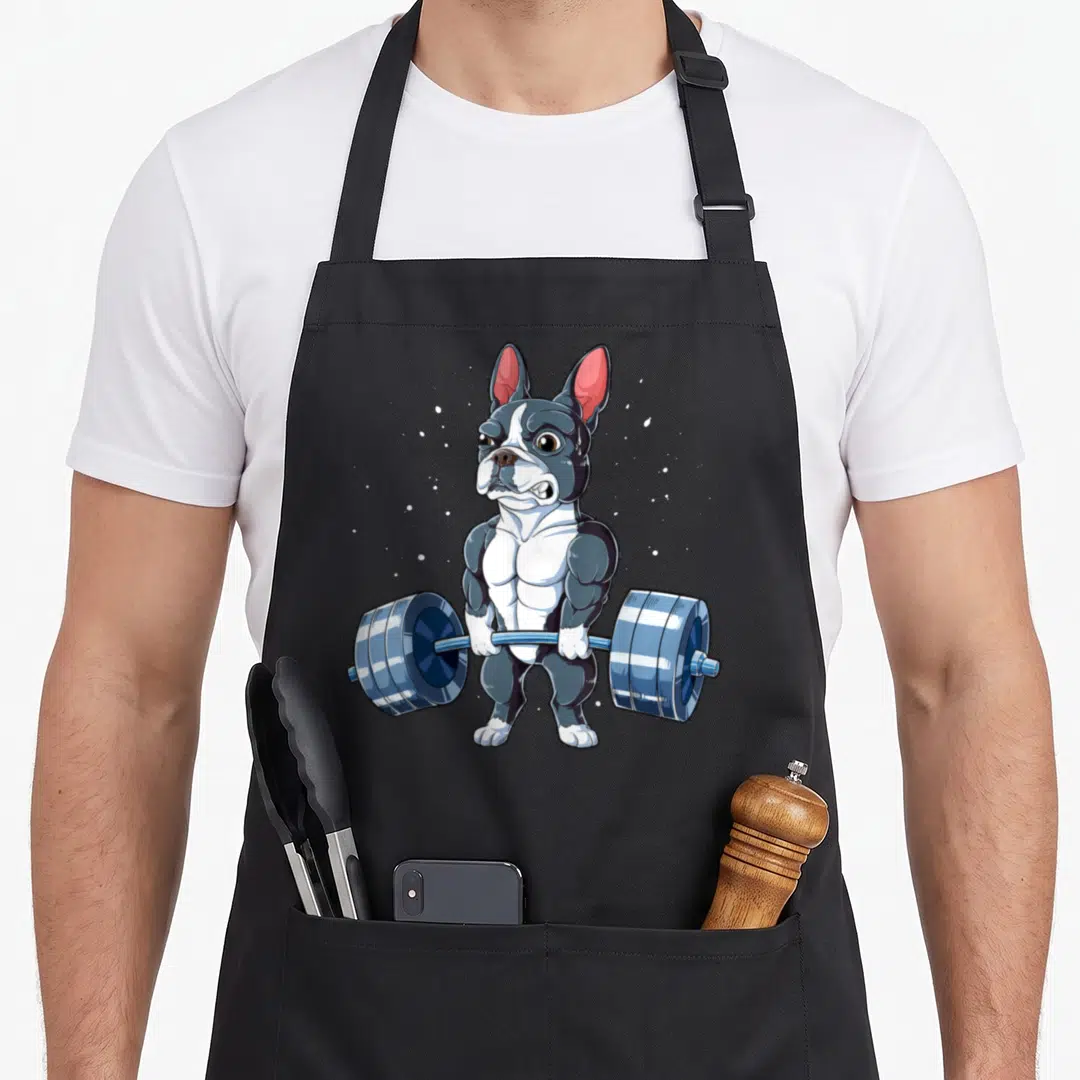 Weightlifting boston terrier apron - Muscular cartoon Boston Terrier deadlifting blue barbell on grey background — shown on a black cotton canvas apron against a white background