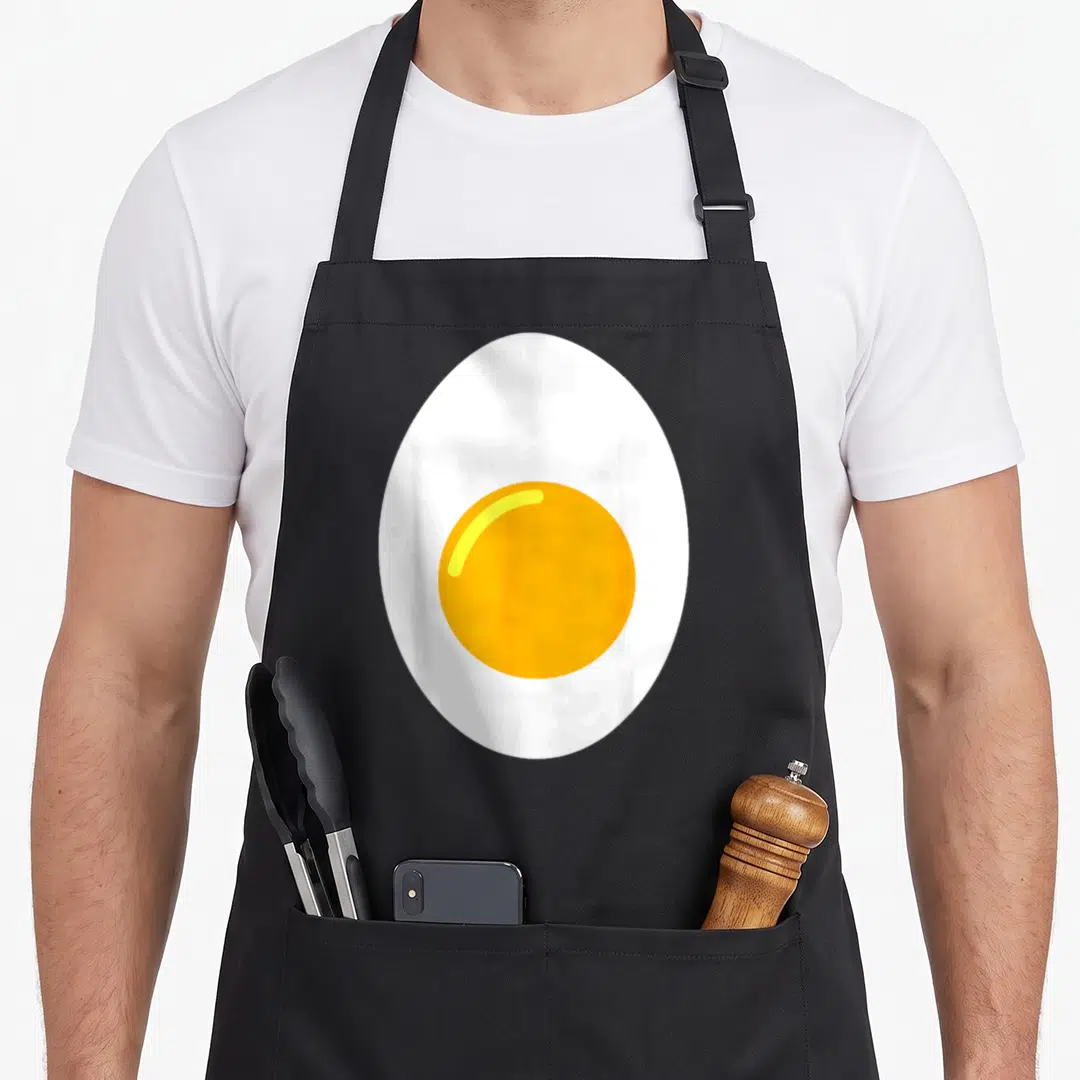 Add egg apron - Minimalist fried egg graphic in white and yellow on canvas fabric — shown on a black cotton canvas apron against a white background