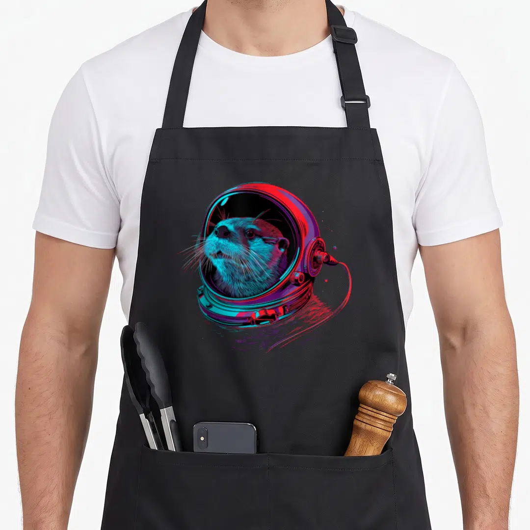 Astronaut animal apron - Realistic sea otter head inside a space helmet illustrated in red, blue, and purple neon colors — shown on a black cotton canvas apron against a white background