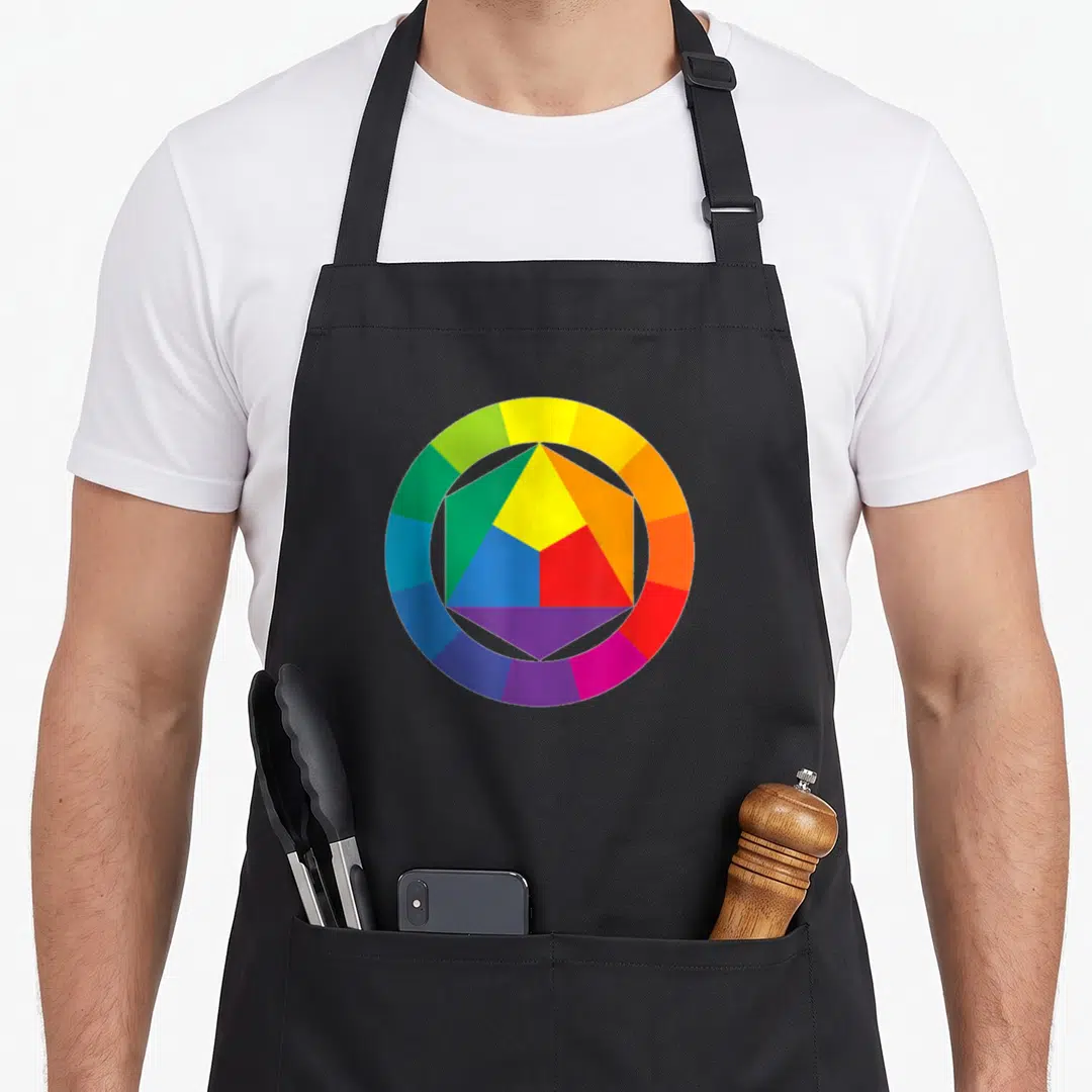 Wheel painter apron - Color wheel ring surrounding a five-section pentagon in yellow blue red green purple orange — shown on a black cotton canvas apron against a white background