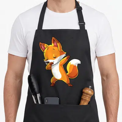 Dabbing fox aprons - Orange and white cartoon fox performing a dab dance pose — shown on a black cotton canvas apron against a white background