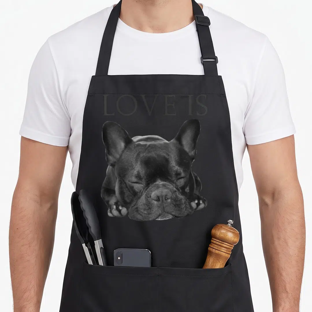 French dog mom apron - LOVE IS text above a grayscale photo of a sleeping French Bulldog face — shown on a black cotton canvas apron against a white background