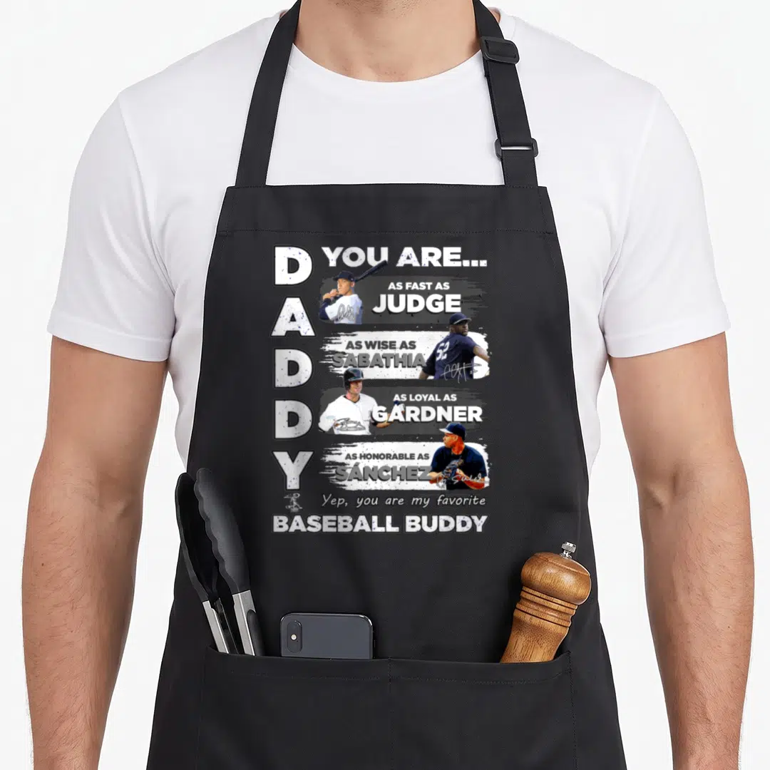 Aaron daddy apron - Vertical Daddy text beside Judge, Sabathia, Gardner, and Sanchez player illustrations — shown on a black cotton canvas apron against a white background