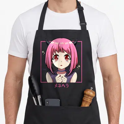 Japanese anime cooking apron - Anime girl with pink hair in pink frame surrounded by bats and stars with Japanese text — shown on a black cotton canvas apron against a white background