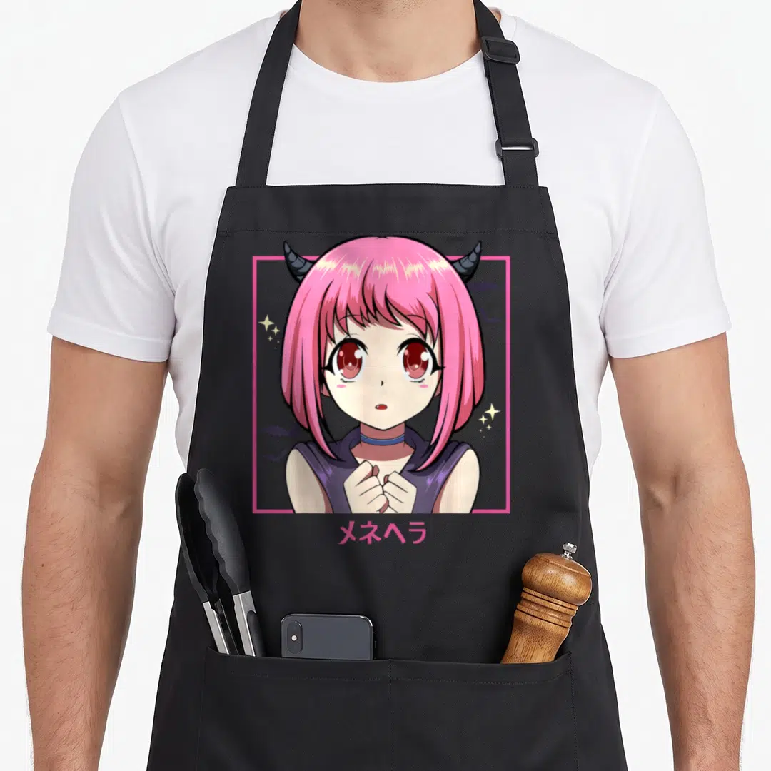 Japanese anime cooking apron - Anime girl with pink hair in pink frame surrounded by bats and stars with Japanese text — shown on a black cotton canvas apron against a white background