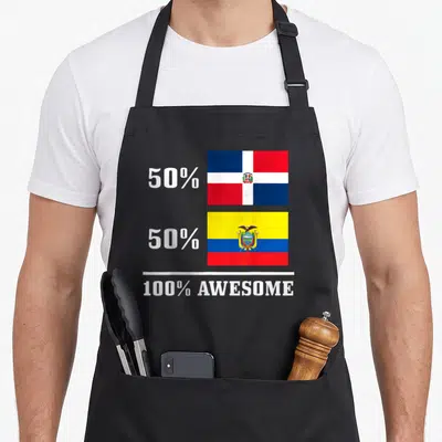 Ecuadorian pride apron - Two stacked flags with 50% labels and 100% AWESOME text below white line — shown on a black cotton canvas apron against a white background