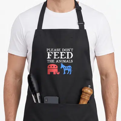 Feed animal apron - Red elephant and blue donkey below white distressed text — shown on a black cotton canvas apron against a white background