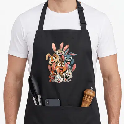 Bunny apron for cooking - Six cartoon rabbit heads in tan blue brown and white overlapping on black fabric — shown on a black cotton canvas apron against a white background