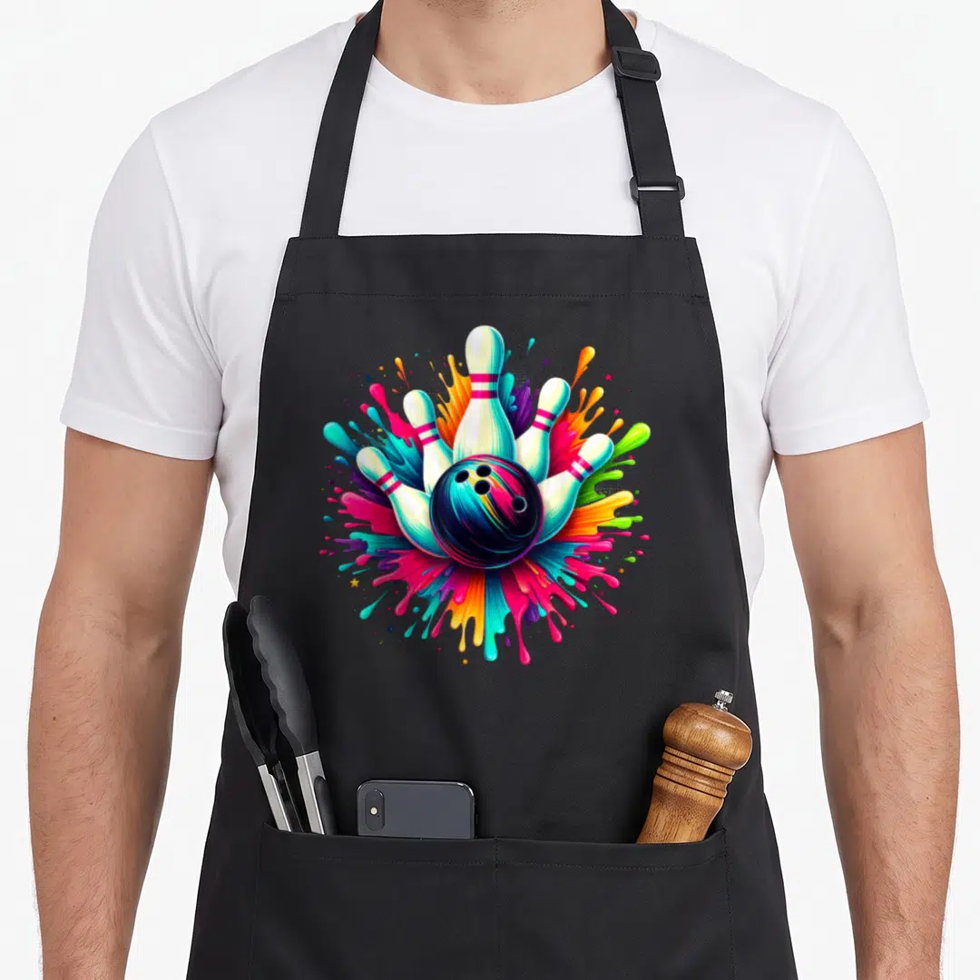 Bowling colorful aprons - Cartoon bowling ball and five pins surrounded by pink blue yellow green and black paint — shown on a black cotton canvas apron against a white background