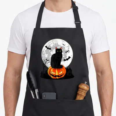 Costume cat apron - Black cat sitting on orange pumpkin with full moon and flying bats in cartoon style — shown on a black cotton canvas apron against a white background