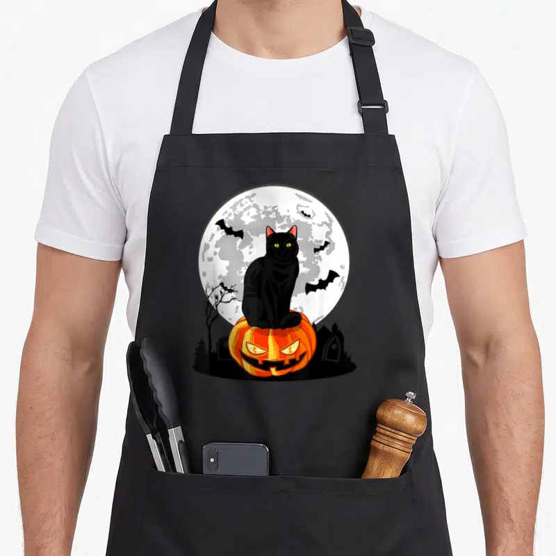 Costume cat apron - Black cat sitting on orange pumpkin with full moon and flying bats in cartoon style — shown on a black cotton canvas apron against a white background