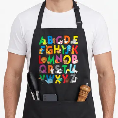 Learning animal apron - Colorful A-Z alphabet grid with cartoon animals standing next to letters — shown on a black cotton canvas apron against a white background