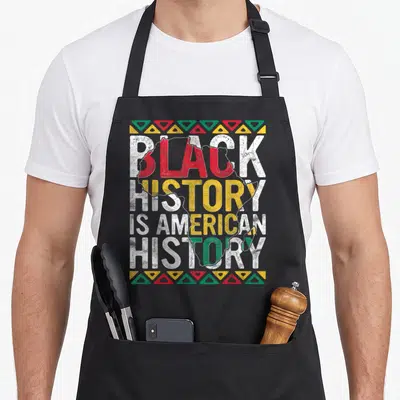 History month african print apron - Stacked text Black History Is American History over white Africa map silhouette — shown on a black cotton canvas apron against a white background
