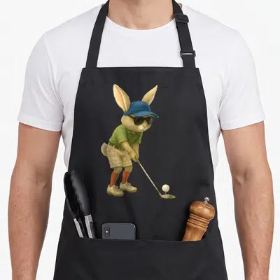 Golf easter bunny aprons - Realistic rabbit golfer in blue cap, green shirt, tan shorts, and red socks holding a club — shown on a black cotton canvas apron against a white background