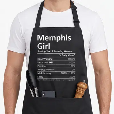 Proud memphis apron - White nutrition facts label reading Memphis Girl with Hard Working 1000 percent and Sassy 200 — shown on a black cotton canvas apron against a white background