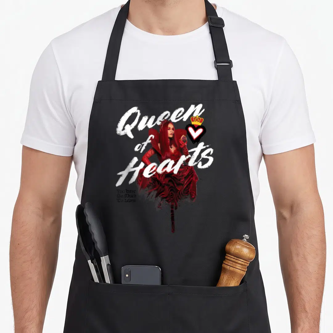 Rise queen apron - Woman in red dress with Queen of Hearts text and crowned heart symbol — shown on a black cotton canvas apron against a white background