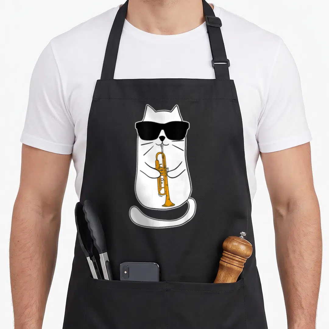Trumpet cat apron - White cartoon cat wearing black sunglasses holding an orange trumpet — shown on a black cotton canvas apron against a white background