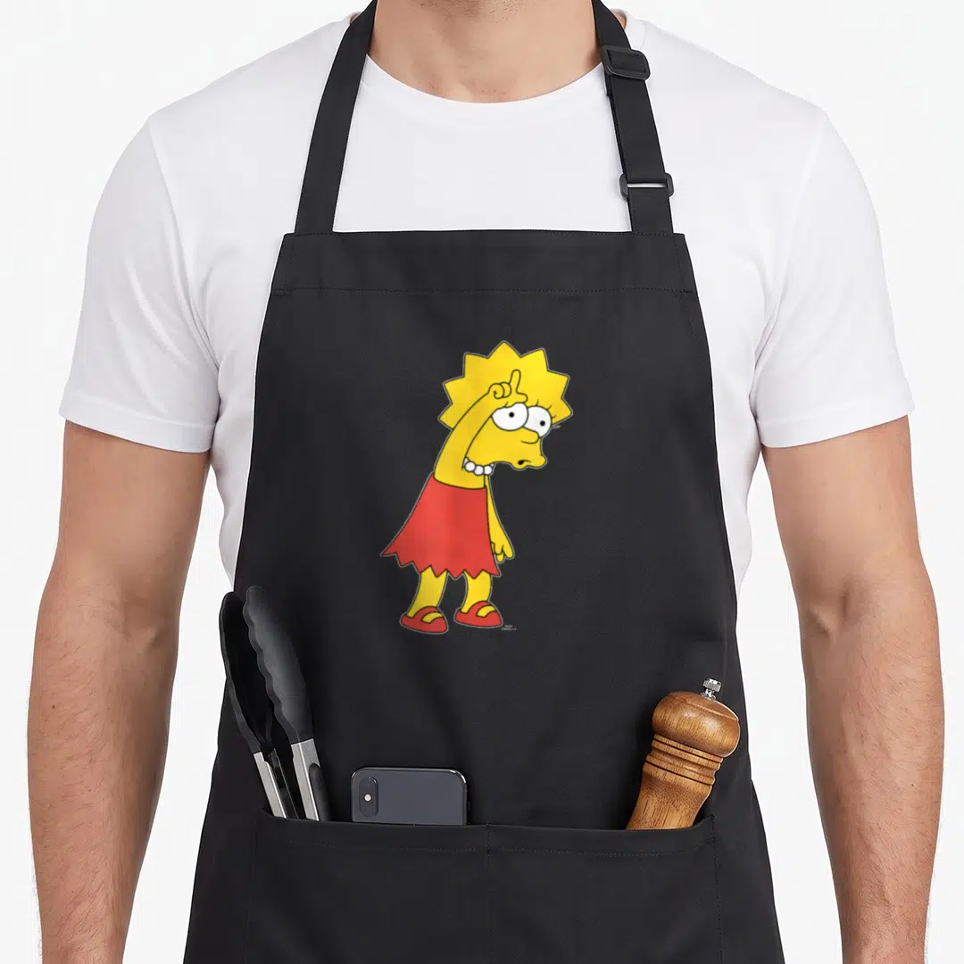 Lisa loser apron - Yellow cartoon girl in red skirt raising one finger, white pearls — shown on a black cotton canvas apron against a white background