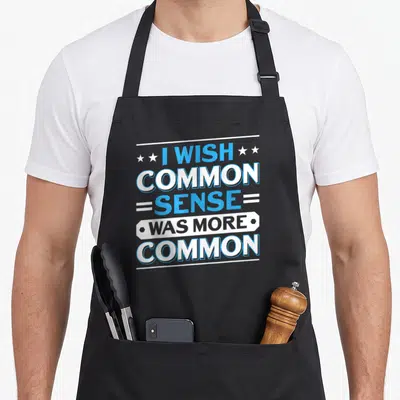 Instead serenity apron - Stacked blue and white text reading I wish common sense was more common framed by stars — shown on a black cotton canvas apron against a white background