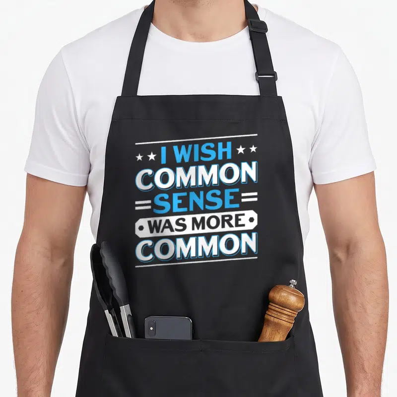 Instead serenity apron - Stacked blue and white text reading I wish common sense was more common framed by stars — shown on a black cotton canvas apron against a white background
