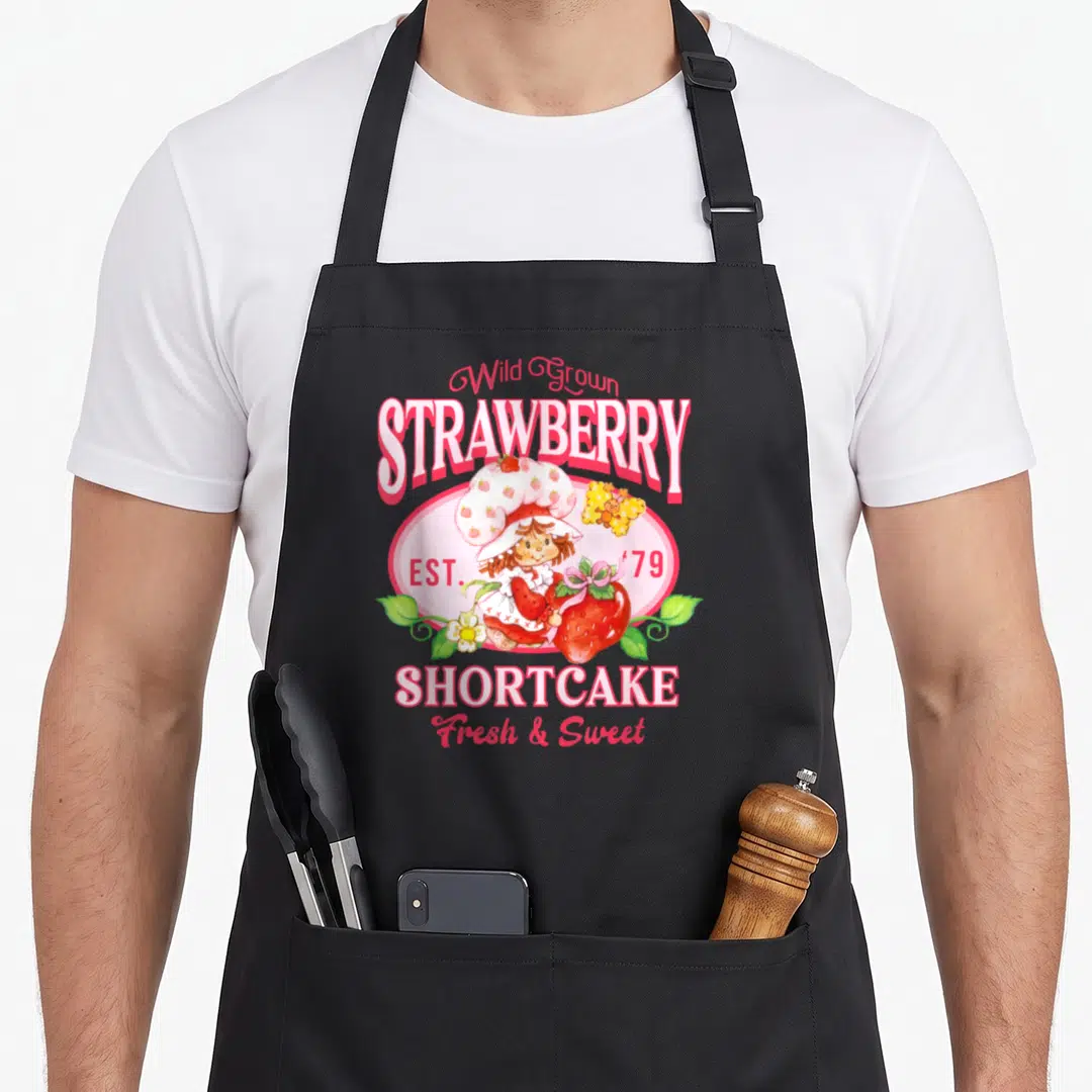 Shortcake strawberry apron - Cartoon girl holding red strawberry inside pink oval with Wild Grown and EST 79 text — shown on a black cotton canvas apron against a white background