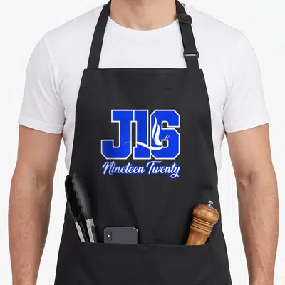Founder sorority apron - Blue J16 text with white flame and Nineteen Twenty script on black apron — shown on a black cotton canvas apron against a white background