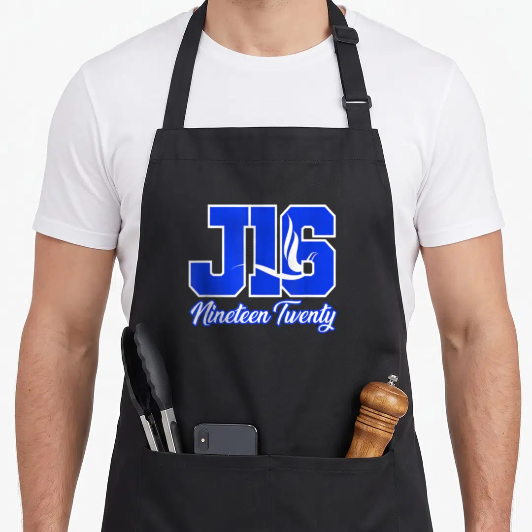 Founder sorority apron - Blue J16 text with white flame and Nineteen Twenty script on black apron — shown on a black cotton canvas apron against a white background