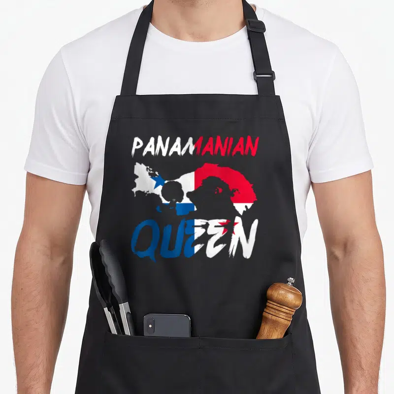 Independent pride apron - PANAMANIAN QUEEN text framing a Panama map filled with red white and blue flag colors — shown on a black cotton canvas apron against a white background