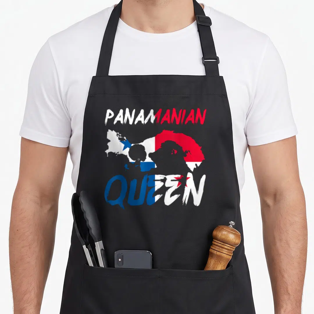 Independent pride apron - PANAMANIAN QUEEN text framing a Panama map filled with red white and blue flag colors — shown on a black cotton canvas apron against a white background