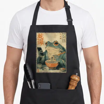 Eat frog aprons - Retro teal frog holding phone and chopsticks beside ramen bowl with Japanese text boxes — shown on a black cotton canvas apron against a white background