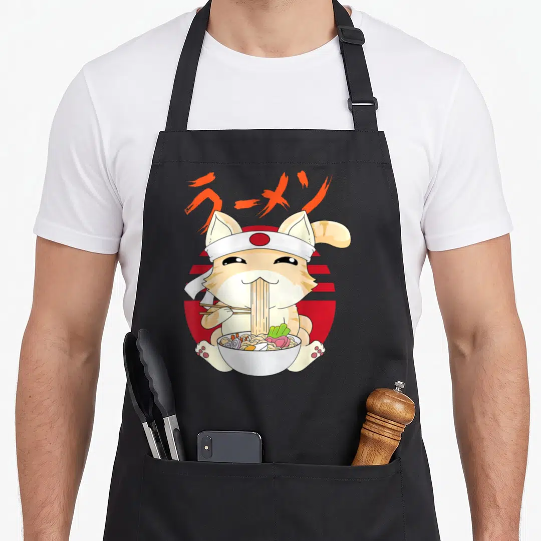 Kawaii neko cat apron - Cartoon cat eating ramen bowl under red circle with Japanese text above — shown on a black cotton canvas apron against a white background