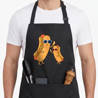 Frank sausage apron - Two cartoon hot dogs wearing sunglasses and waving, colored in orange, red, yellow, and blue — shown on a black cotton canvas apron against a white background