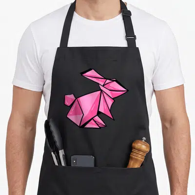 Origami rabbit apron - Pink cartoon origami rabbit with black outlines on dark background — shown on a black cotton canvas apron against a white background