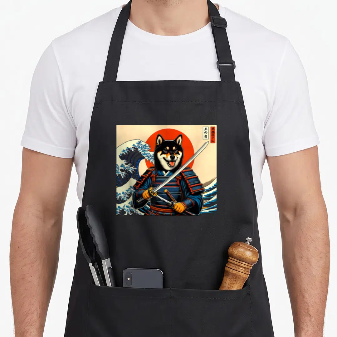 Otaku black apron - Samurai dog holding katana in front of red sun and blue wave with vertical Japanese text — shown on a black cotton canvas apron against a white background