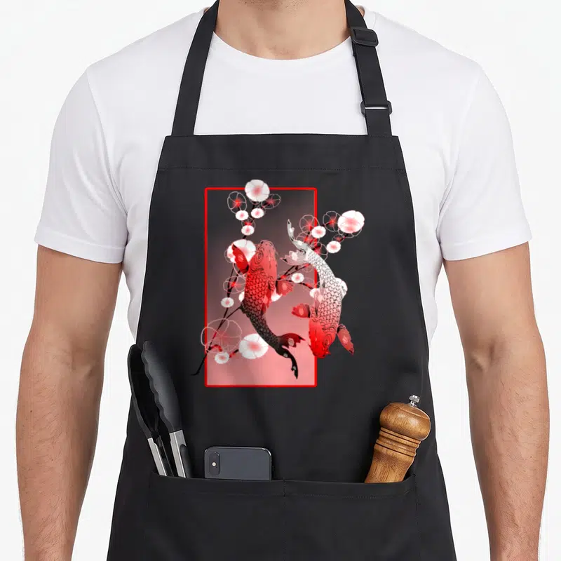 Nishikigoi cherry apron - Two koi fish swimming in a circle surrounded by cherry blossoms inside a red rectangular frame — shown on a black cotton canvas apron against a white background