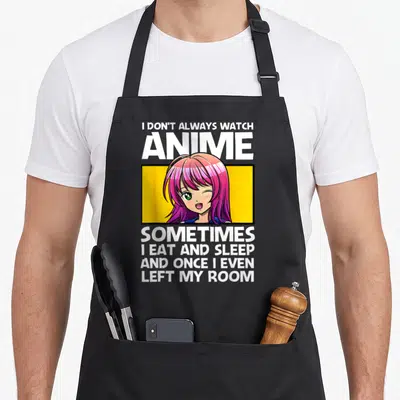 Cute anime apron - Anime girl in yellow box with white text about watching anime and leaving the room — shown on a black cotton canvas apron against a white background
