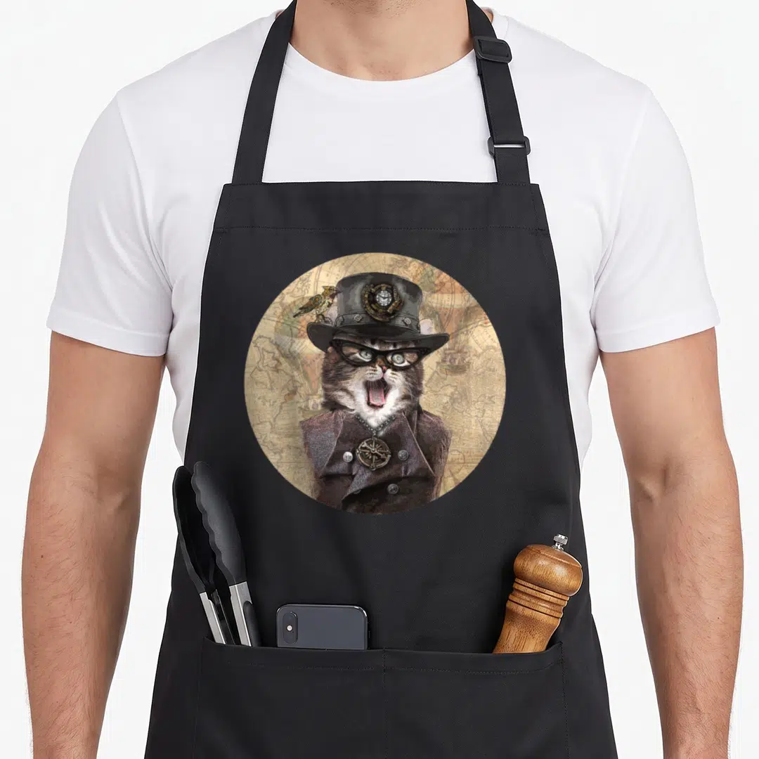 Funny steampunk cat apron - Realistic cat in top hat and glasses on circular vintage map background — shown on a black cotton canvas apron against a white background