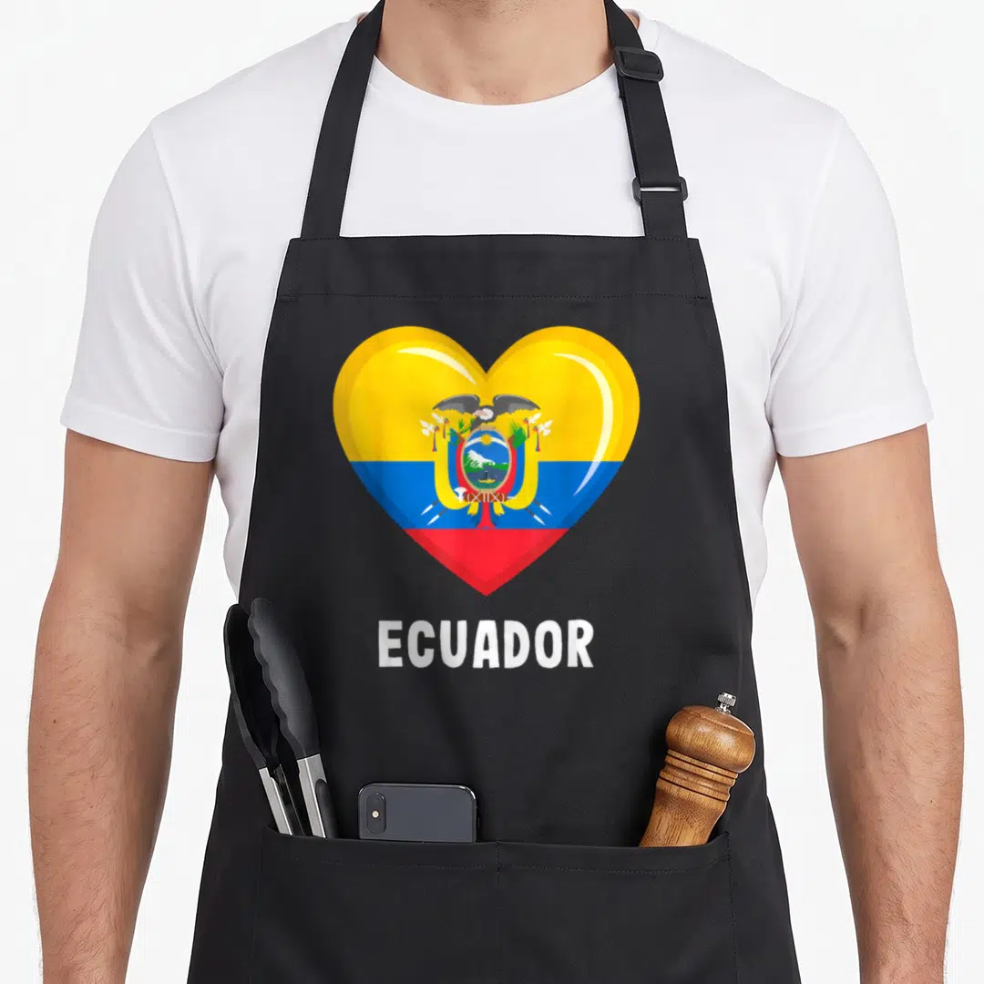 Ecuador ecuadorian girl apron - Heart filled with Ecuador flag stripes and coat of arms above white text ECUADOR — shown on a black cotton canvas apron against a white background