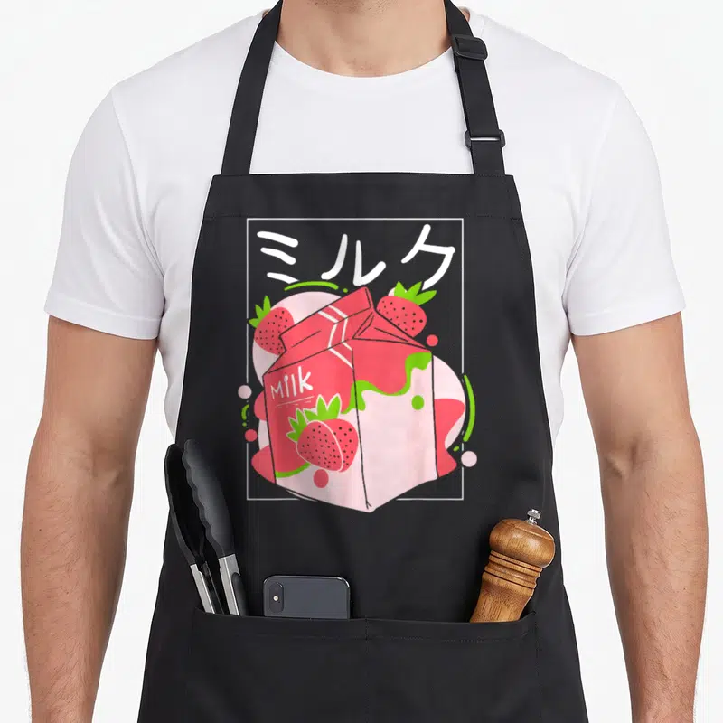 Shake kawaii aprons - Pink strawberry milk carton with Katakana text and strawberries in a white rectangular frame — shown on a black cotton canvas apron against a white background