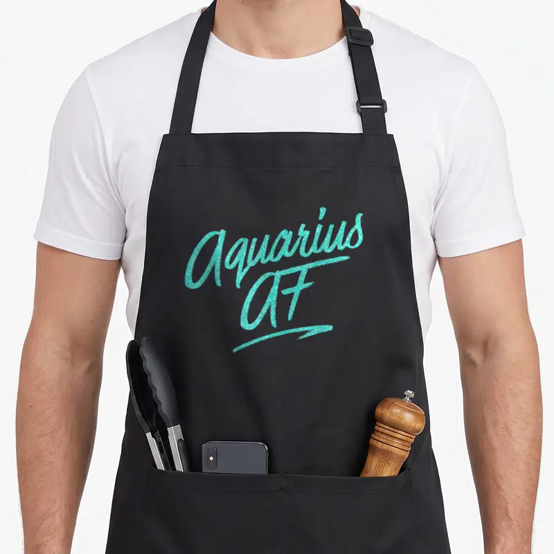 Aquarius star zodiac aprons - Turquoise glitter script reading Aquarius AF stacked on two lines — shown on a black cotton canvas apron against a white background
