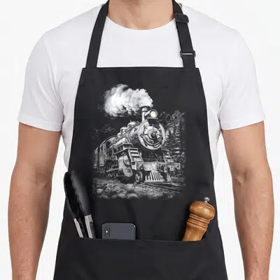 Locomotive train engine apron - Realistic steam locomotive drawing in grey and white with billowing smoke and mountain — shown on a black cotton canvas apron against a white background