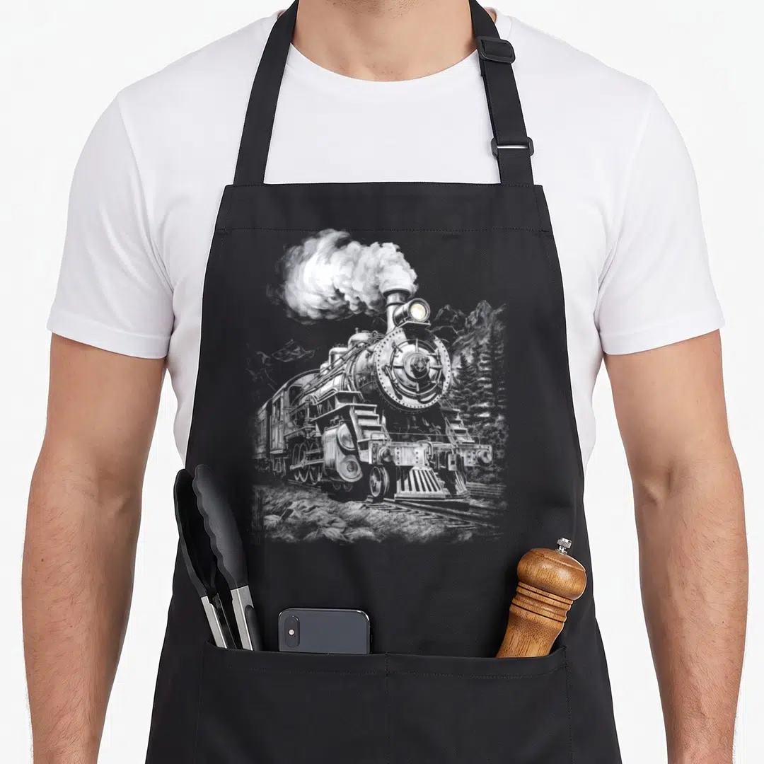 Locomotive train engine apron - Realistic steam locomotive drawing in grey and white with billowing smoke and mountain — shown on a black cotton canvas apron against a white background
