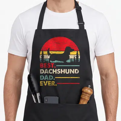 Dachshund haired dog dad apron - Grey dachshund silhouette on retro red yellow teal sun with stacked text BEST — shown on a black cotton canvas apron against a white background