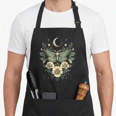 Moth cottagecore apron - Realistic green moth with cream flowers, green leaves, and gold crescent moon illustration — shown on a black cotton canvas apron against a white background