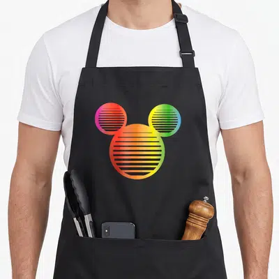 Icon gradient rainbow apron - Rainbow striped Mickey Mouse silhouette made of three circles with black horizontal lines — shown on a black cotton canvas apron against a white background