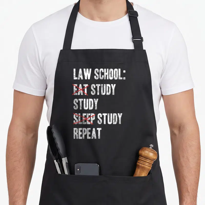 Funny law student aprons - LAW SCHOOL text with red Xs crossing out EAT and SLEEP — shown on a black cotton canvas apron against a white background