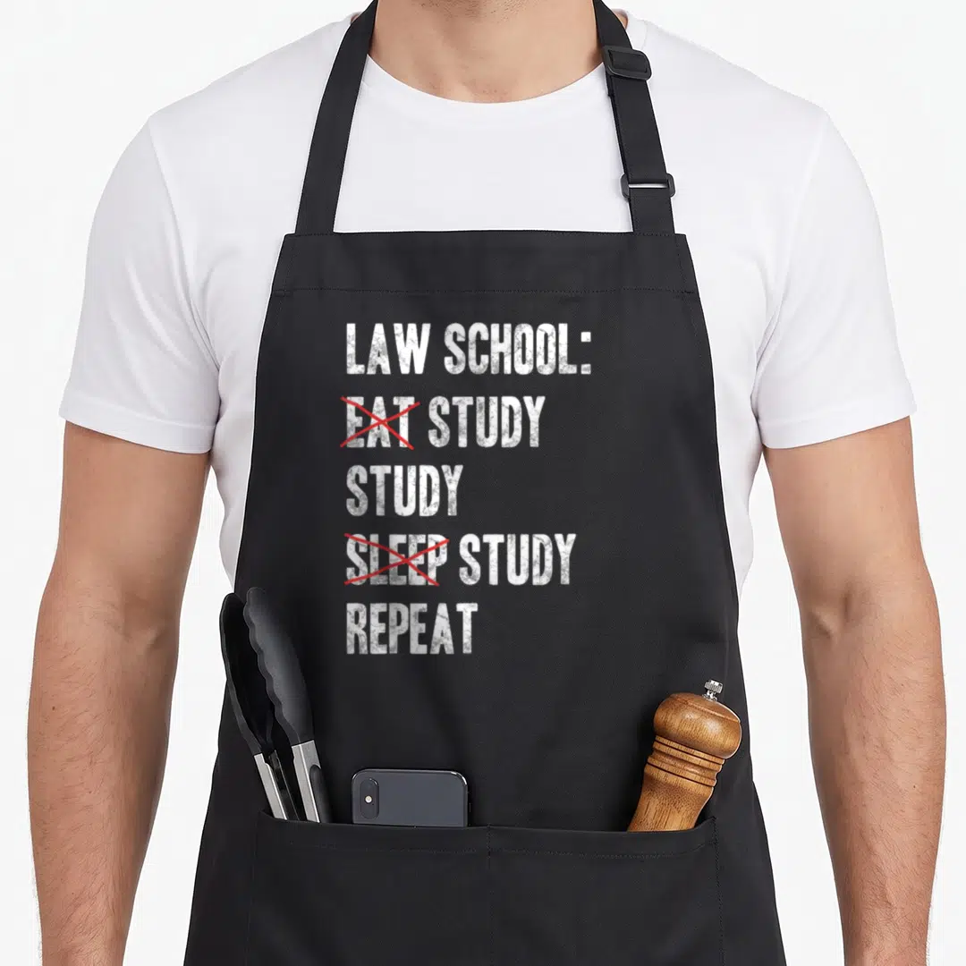 Funny law student aprons - LAW SCHOOL text with red Xs crossing out EAT and SLEEP — shown on a black cotton canvas apron against a white background